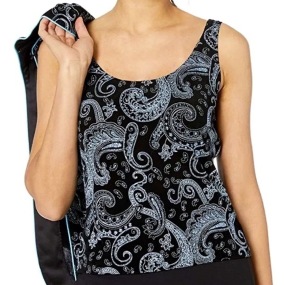 Alex Evenings Jacket & Sleeveless Top Paisley Sparkle Mandarin Collar Dressy XL